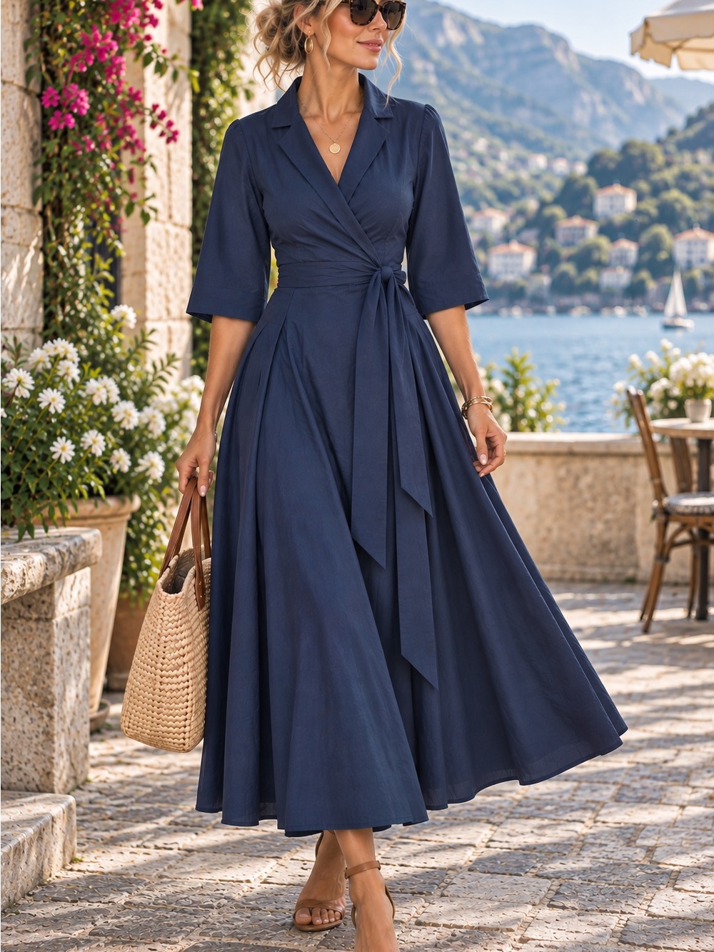 Linen Handmade Studio Navy Linen Wrap Dress Size M/L MSRP $298